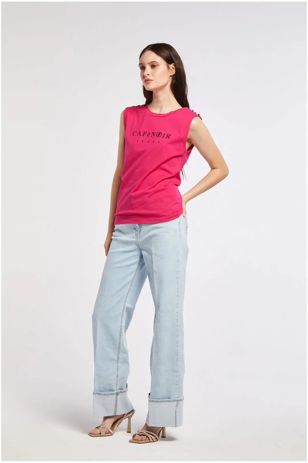 top smanicato in cotone elasticizzato con stampa azalea