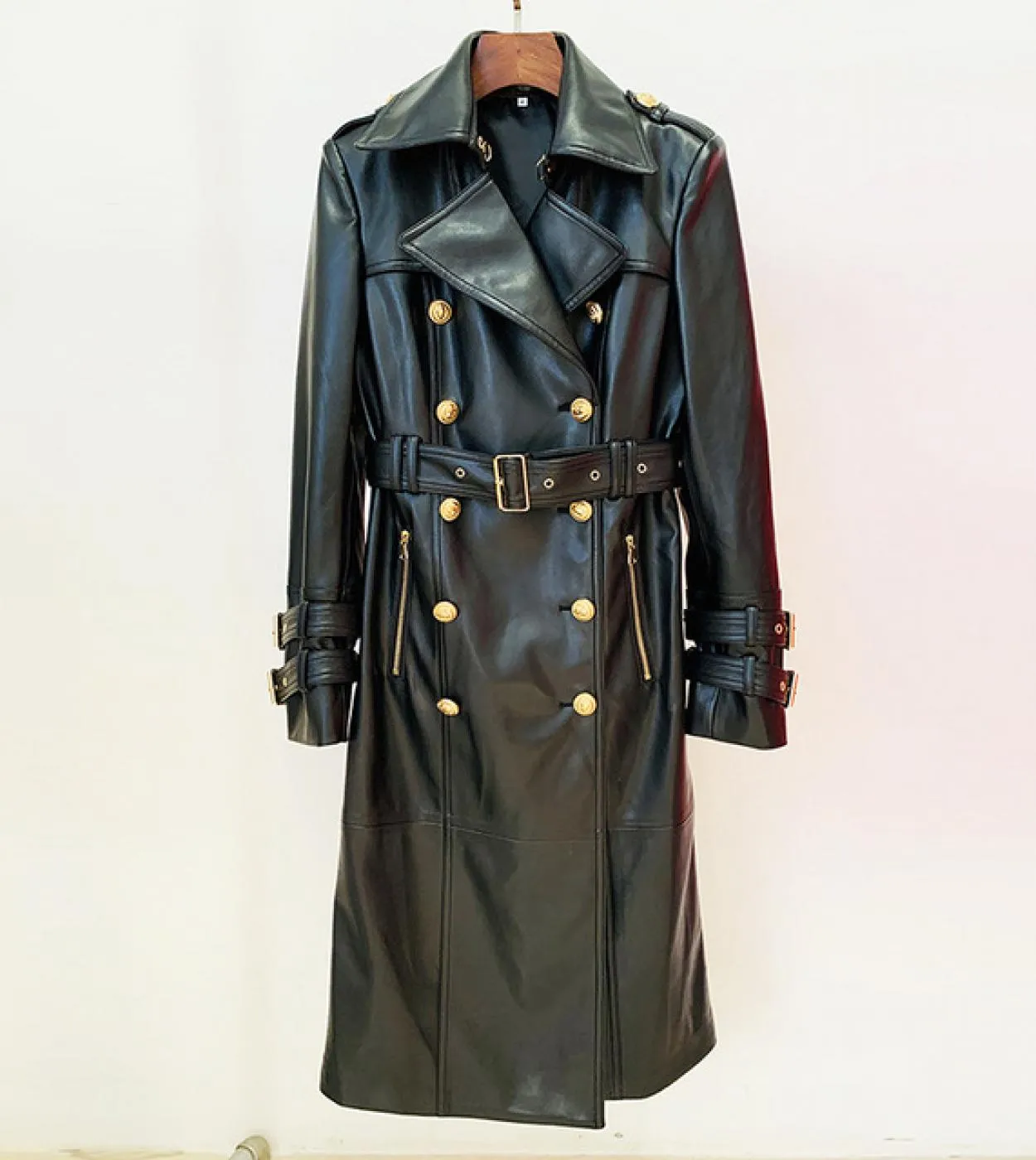 Trench Women Novità 2022 Autunno Inverno Designer Women Doppiopetto Lion Buttons Trench lungo in pelle sintetica