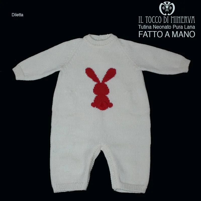 Tutina Neonato panna rosso Pura Lana Diletta Realizzata a Mano