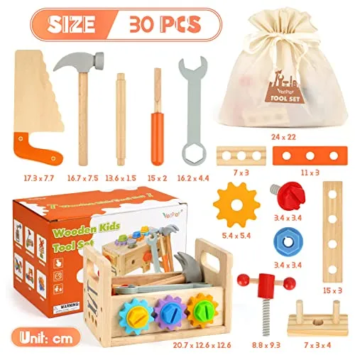 Vanplay Giochi in Legno, Cassetta Attrezzi Bambini, Regalo di Natale Ragazzo/a 2 3 4 5 Anni (30 Pezzi)