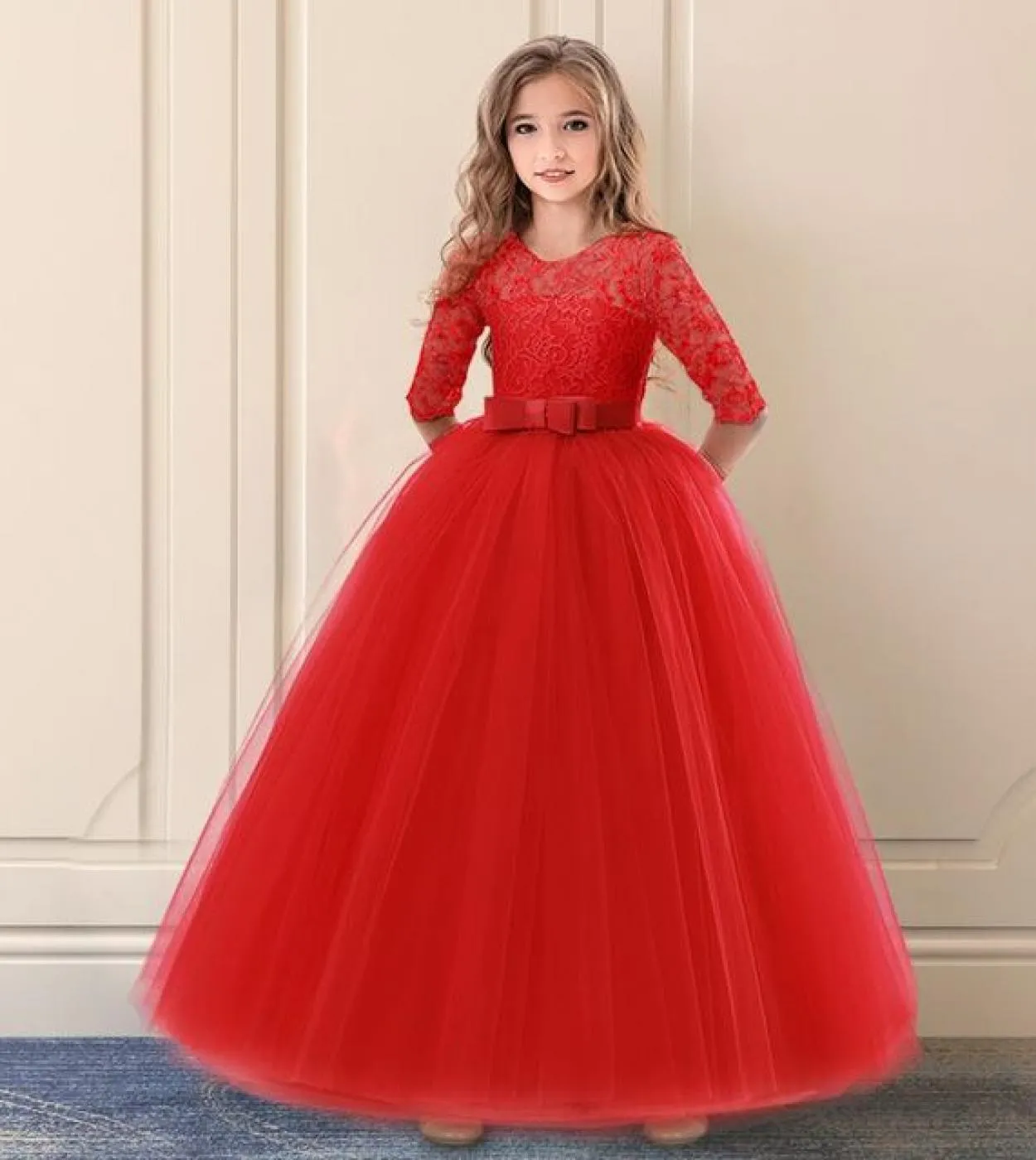 Vestito da ragazza in pizzo da damigella donore per bambini per abiti da sposa e da festa Costume lungo da ragazza di Natale