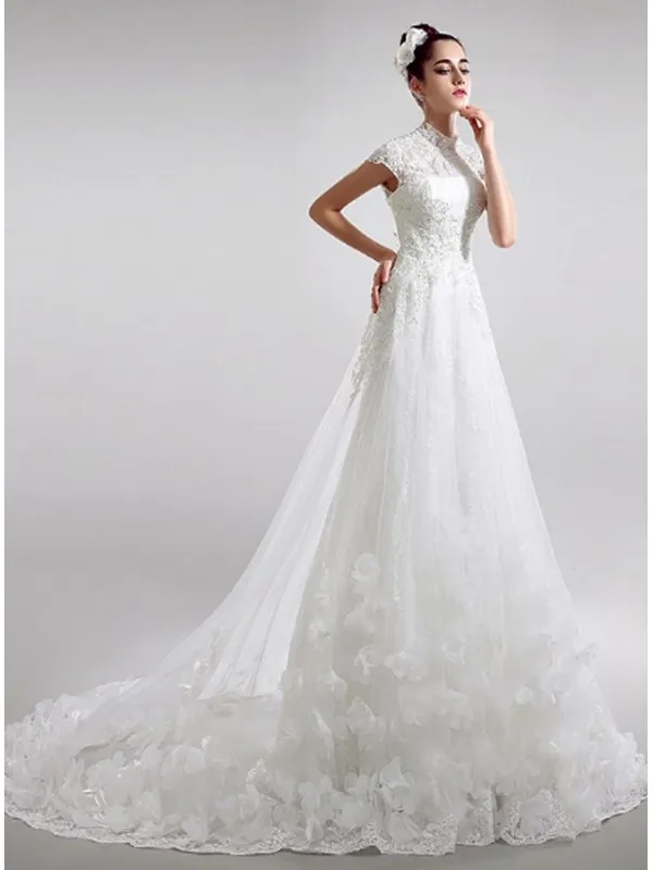 Vestito da Sposa Online Accollato con colletto di pizzo, smanicato con gonna a fiori di raso