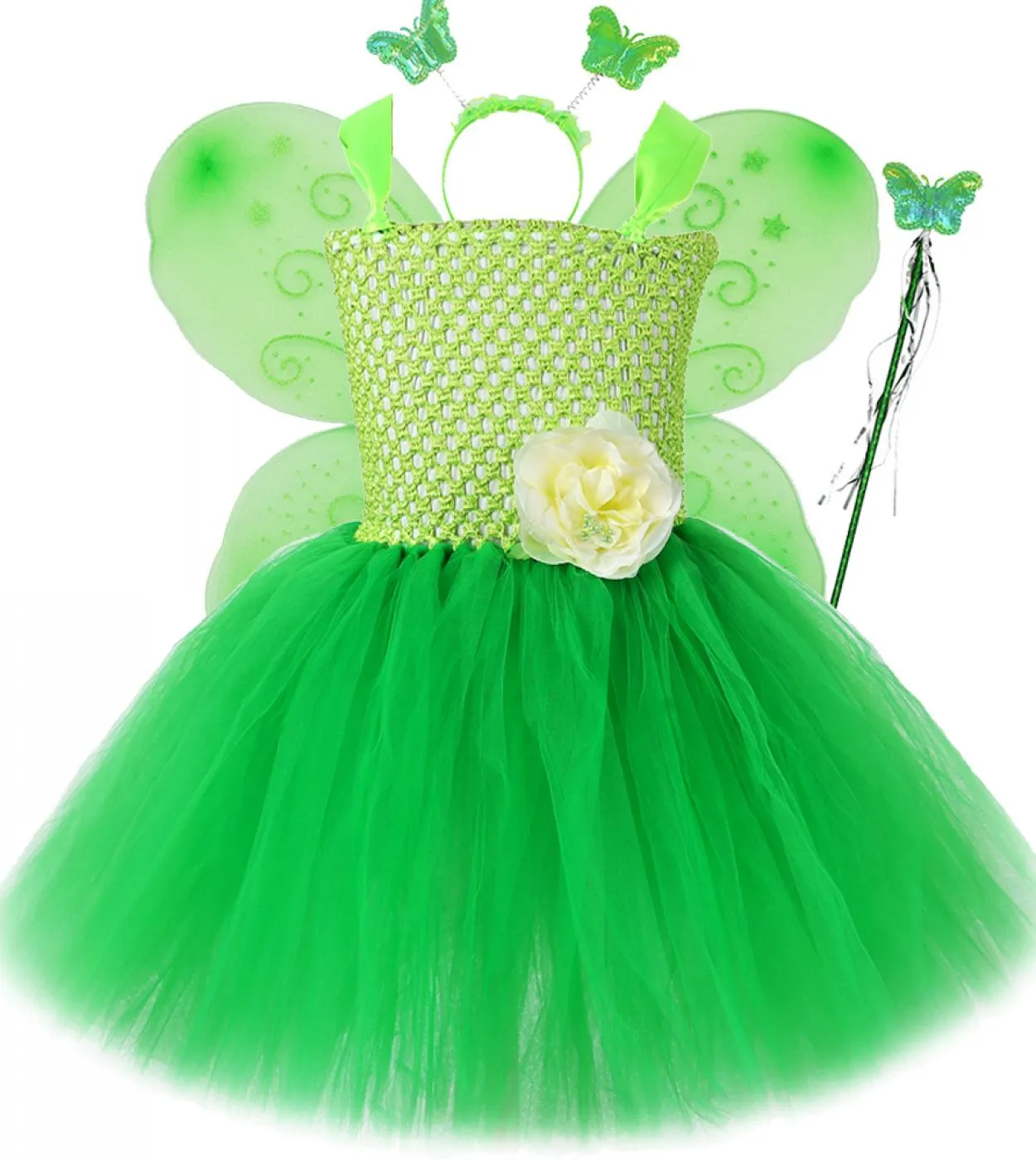 Vestito da tutu da fata verde per ragazze Costume di Halloween di Natale con ali Abiti da principessa di fiori per bambini Compl