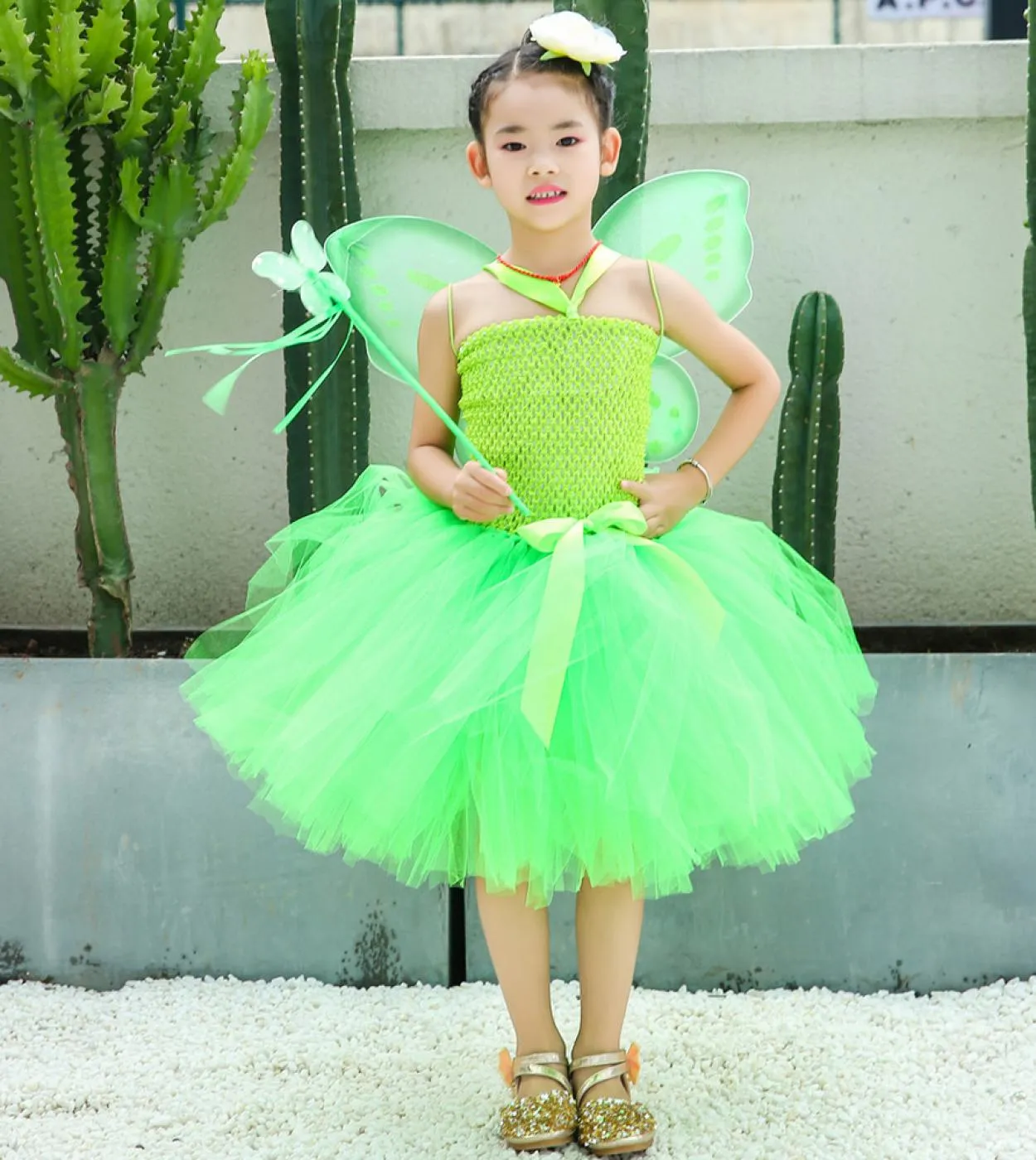 Vestito da tutu da fata verde per ragazze Costume di Halloween di Natale con ali Abiti da principessa di fiori per bambini Compl