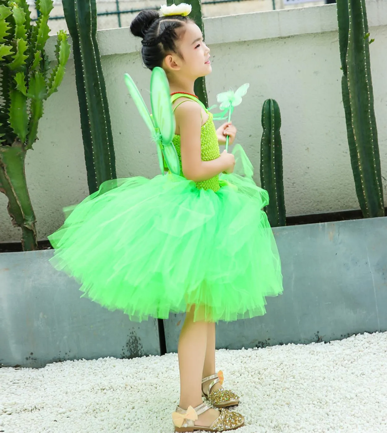 Vestito da tutu da fata verde per ragazze Costume di Halloween di Natale con ali Abiti da principessa di fiori per bambini Compl