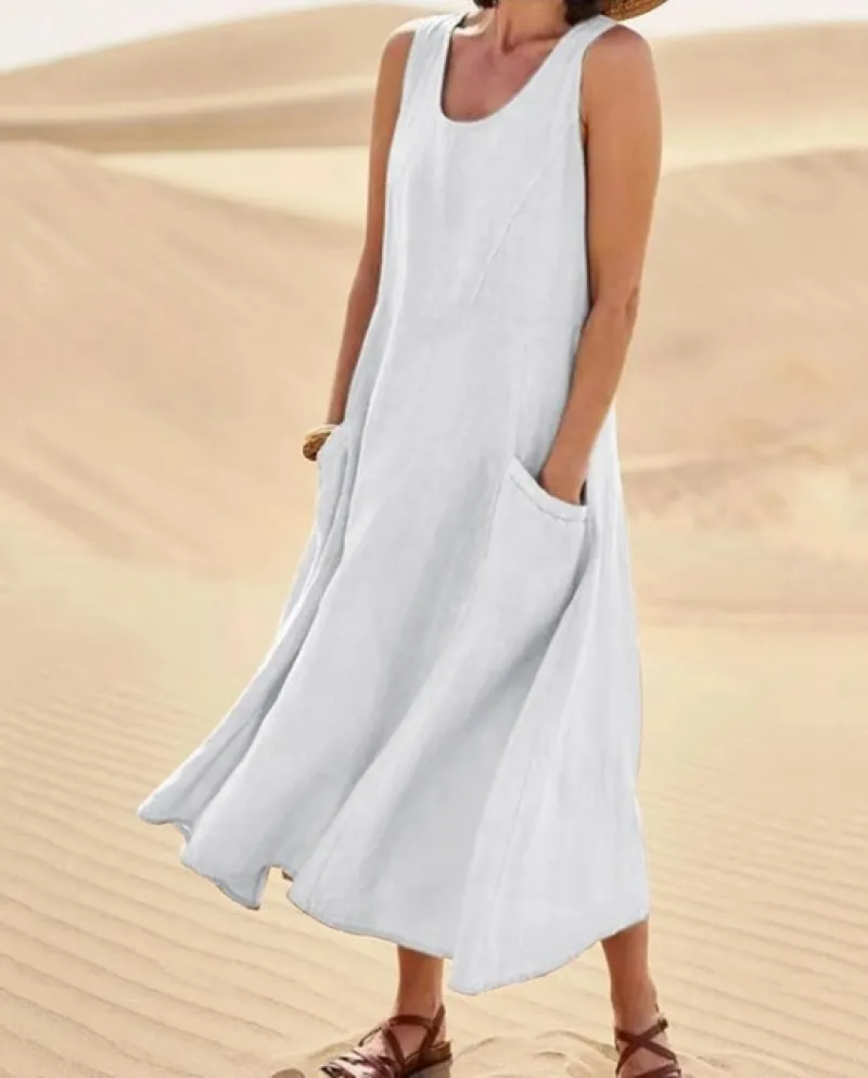 Vestito Per Le Donne 2022 Moda Casual Solido Cotone Lino Abito Senza Maniche Con Tasche Abito Allentato Carro Armato Maxi Abiti