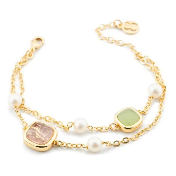 XB1013D Bracciale placcato oro giallo con cristalli ametista verde e ametista viola e perle naturali    