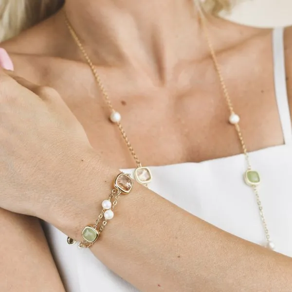 XB1013D Bracciale placcato oro giallo con cristalli ametista verde e ametista viola e perle naturali    