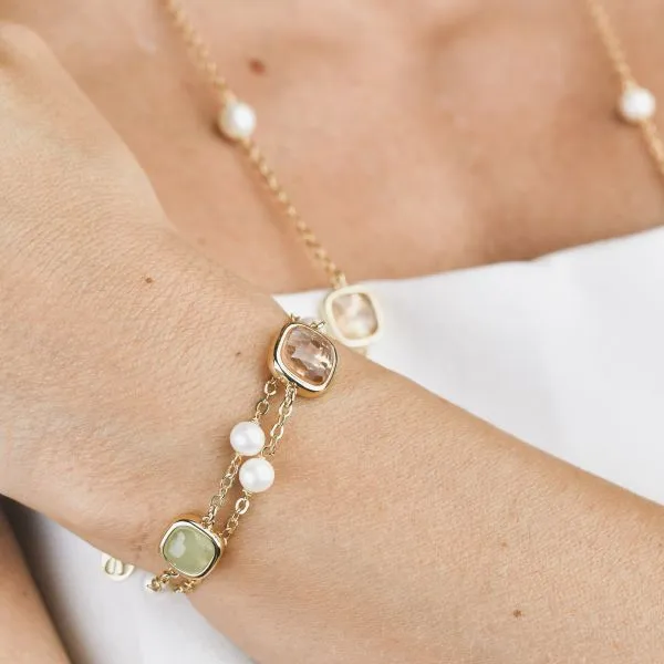 XB1013D Bracciale placcato oro giallo con cristalli ametista verde e ametista viola e perle naturali    