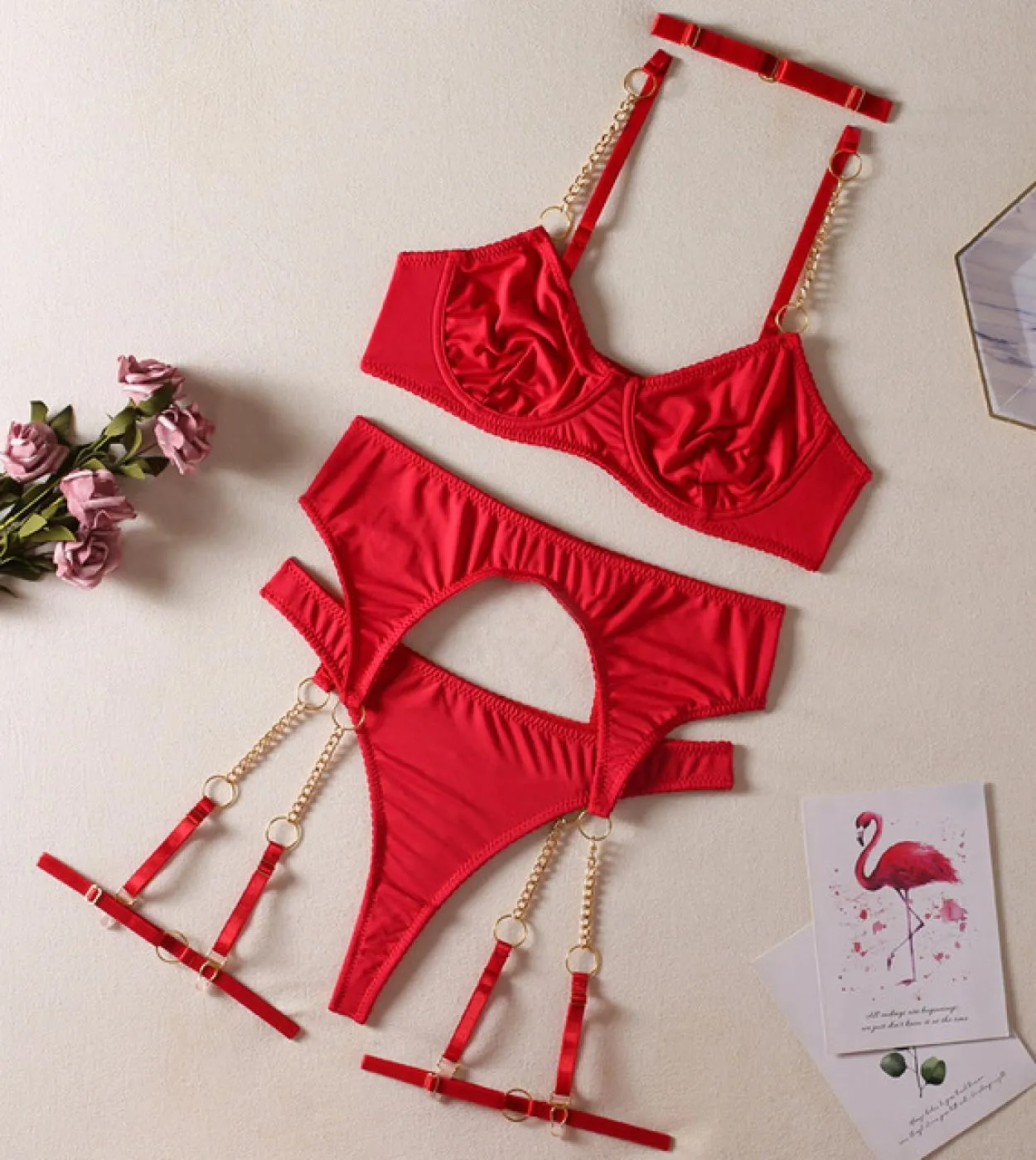 Yimunancy Set da 4 pezzi Girocollo da donna Set di lingerie solida Girocollo a catena rossa Giarrettiera Breif Kit Natale