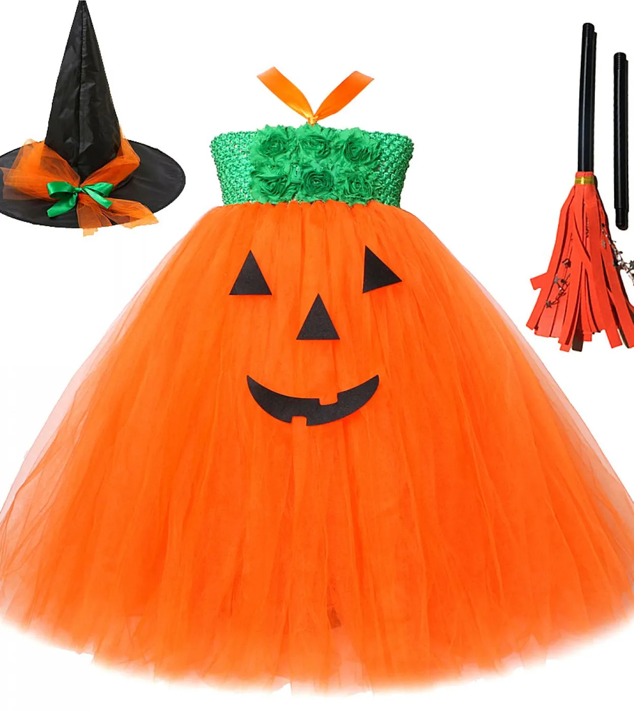 Zucca Strega Costume di Halloween Per Ragazze Abito Lungo Tutu Per Bambini Abiti Cosplay Abiti Principessa Abiti Fantasia Con Ha